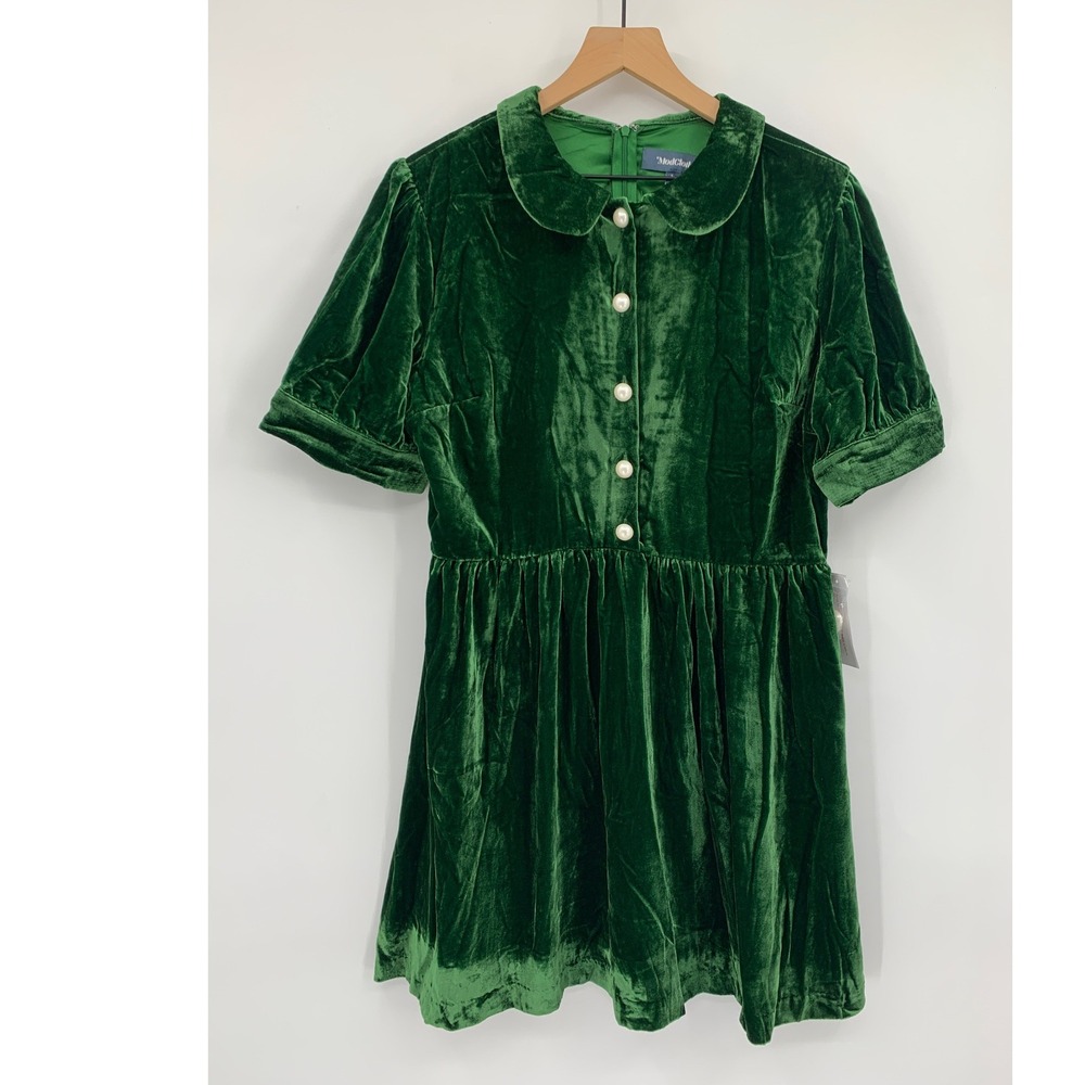 ModCloth Velvet Dress Womens 16 Green Pearl Button Peter Pan Collar Holiday NEW